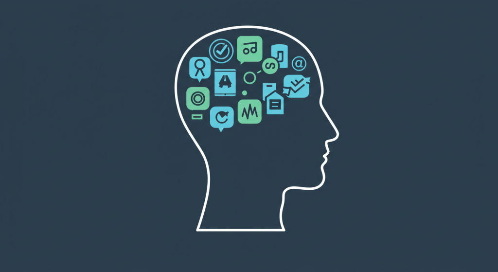 Silueta de una cabeza con varios íconos en su interior, incluidos globos de diálogo, engranajes y notas musicales, que representan diferentes pensamientos y actividades sobre un fondo azul oscuro.