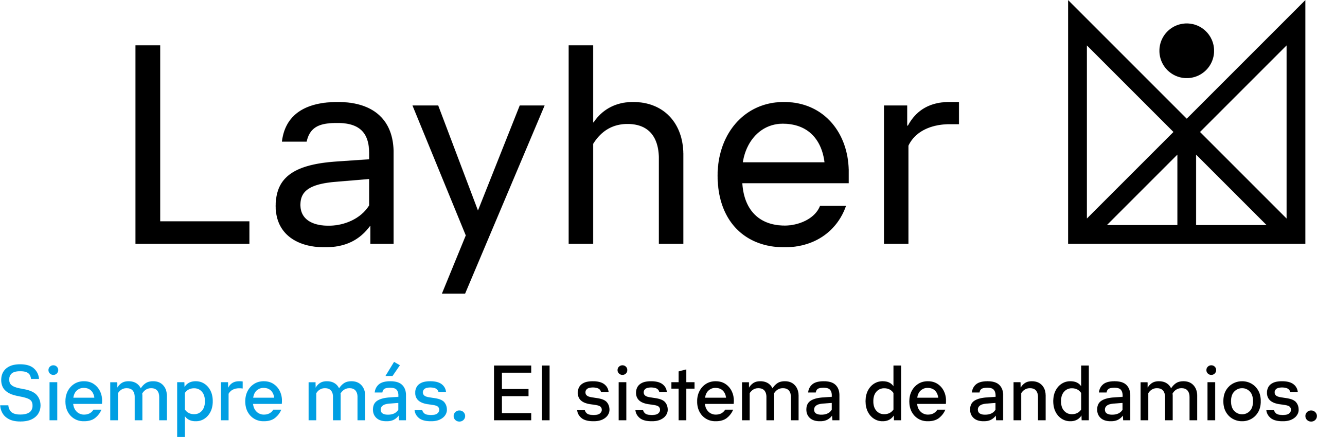 Logotipo de Layher con icono geométrico. El texto reza: "Layher. Siempre más. El sistema de andamios". "Siempre más" está en azul, el resto en negro.