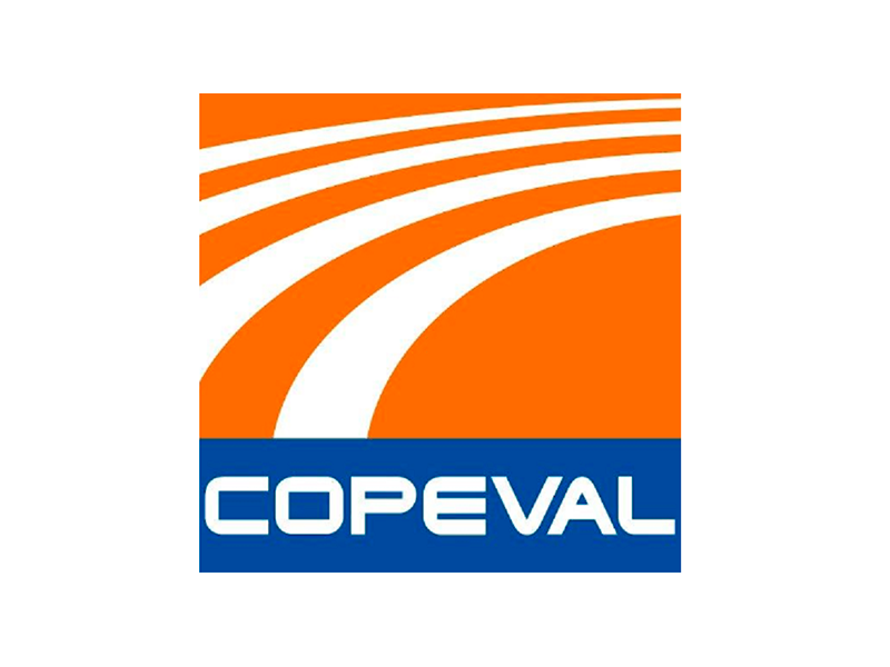Logotipo con líneas curvas naranjas y blancas sobre un rectángulo azul que contiene la palabra "COPEVAL" en letras blancas y en negrita.