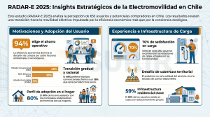 Infografía sobre la movilidad eléctrica en Chile que muestra las motivaciones de los usuarios, las tasas de adopción, la experiencia de recarga y las estadísticas de infraestructura con iconos y porcentajes.