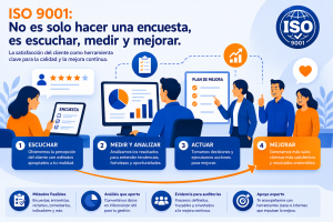 Infografía sobre la norma ISO 9001 en la que se muestran cuatro pasos: escuchar, medir y analizar, actuar y mejorar, con ilustraciones de personas realizando encuestas y analizando datos.